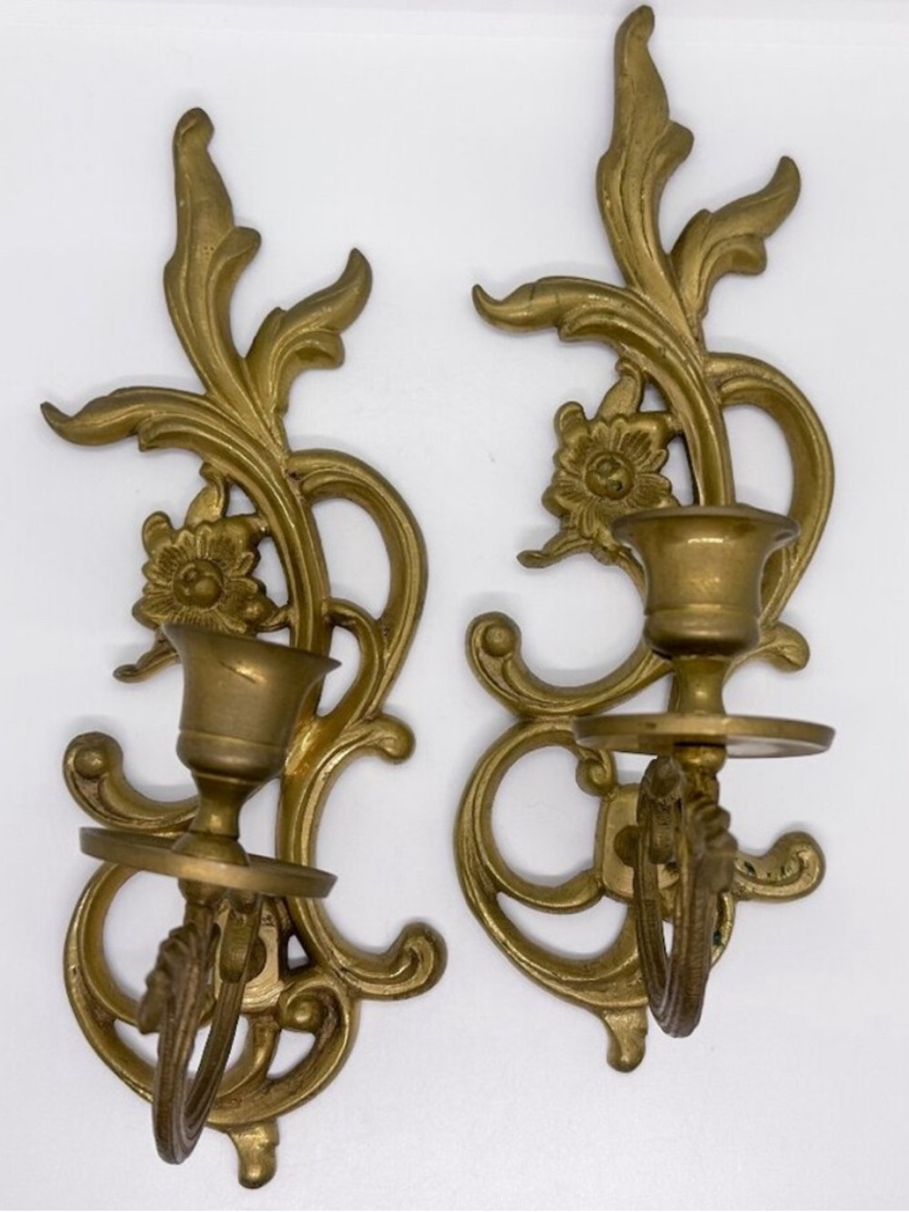 Ornate Brass Wall Sconces - Floral Scroll Design, Gold Tone (Pair)
